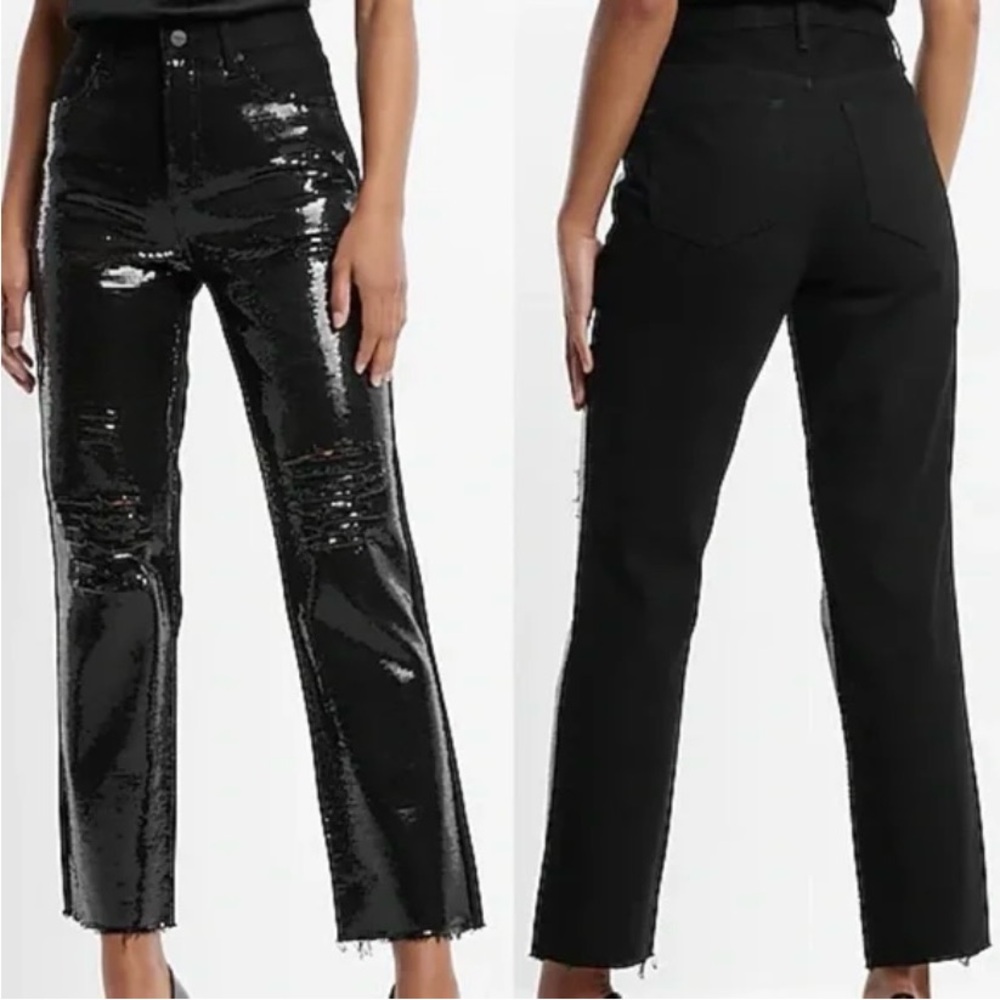 Express Black HIGH WAISTED SEQUIN FRONT RIPPED RAW HEM STRAIGHT ANKLE JEANS 4R